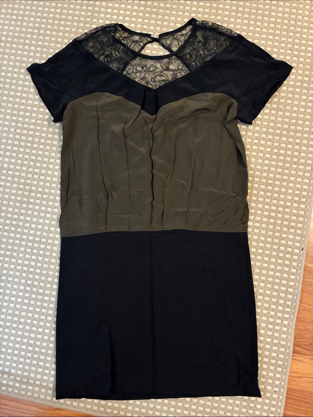 Sandro Silk Black and Olive Dress with Lace Detail